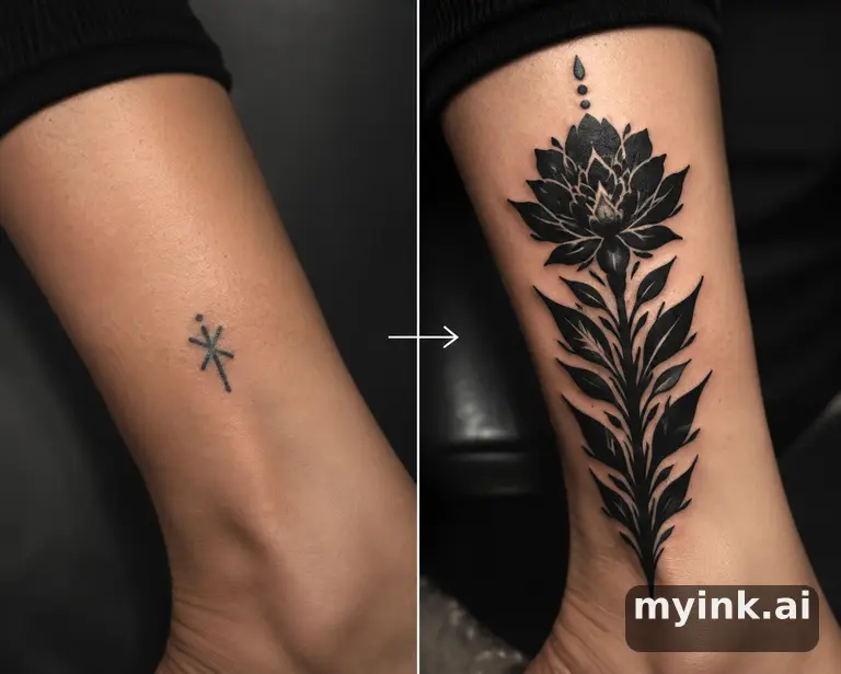 Before-and-after cover-up direction that absorbs an old small symbol — Blackwork Tattoo Design reference image