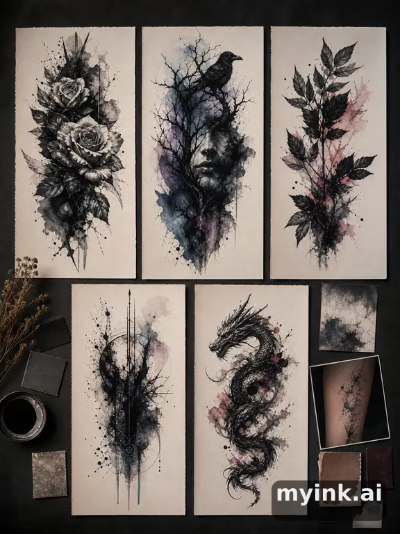 Cover-up tattoo planning board showing five blackwork directions — Watercolor Tattoo Design reference image