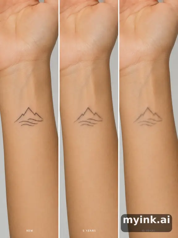 Tattoo aging comparison for a minimalist wrist design over ten years — Minimalist Tattoo Design reference image