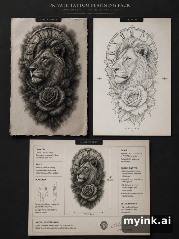 Private tattoo planning pack layout with main design — Realistic Tattoo Design reference image