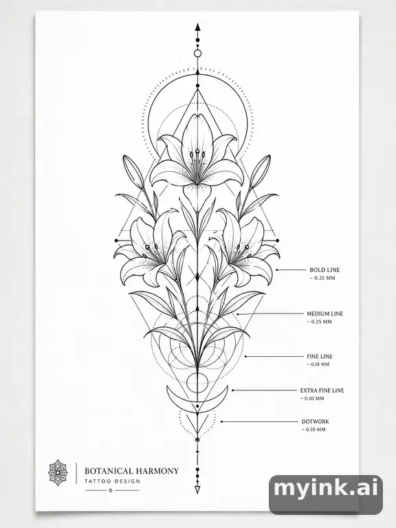 Clean stencil-ready botanical tattoo with line weight annotations — Geometric Tattoo Design reference image