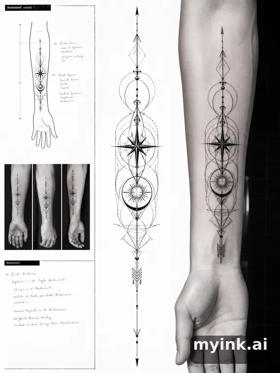 First tattoo consultation sheet with a fine-line forearm design and placement notes — Blackwork Tattoo Design reference image