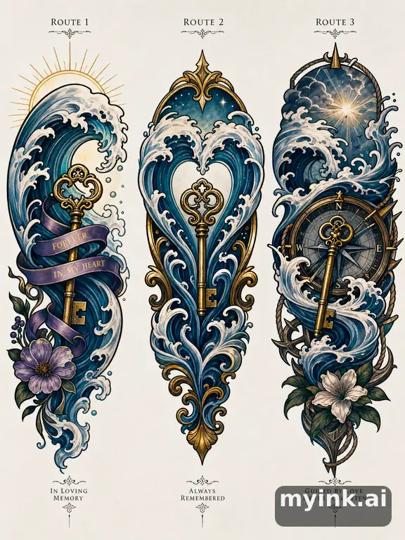 Three symbolic memorial tattoo routes based on ocean waves and a small key — Neotraditional Tattoo Design reference image
