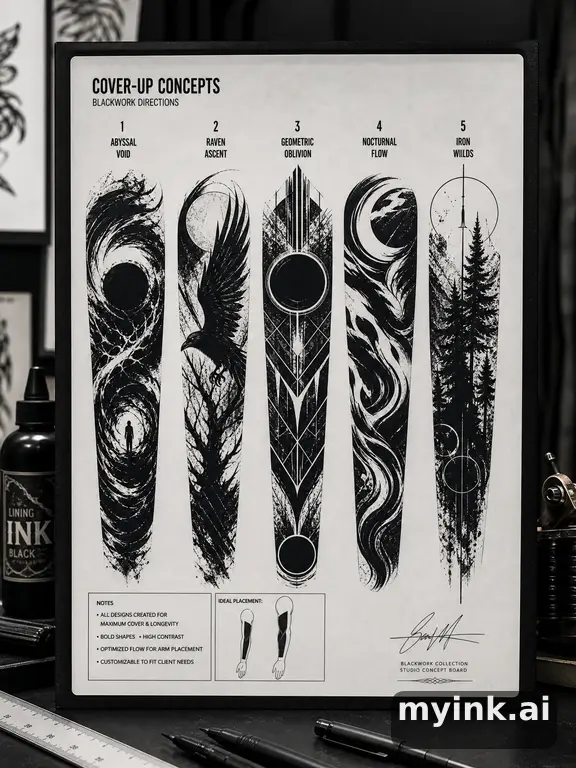 Cover-up tattoo planning board showing five blackwork directions — Blackwork Tattoo Design reference image