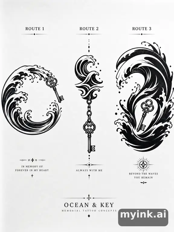 Three symbolic memorial tattoo routes based on ocean waves and a small key — Blackwork Tattoo Design reference image