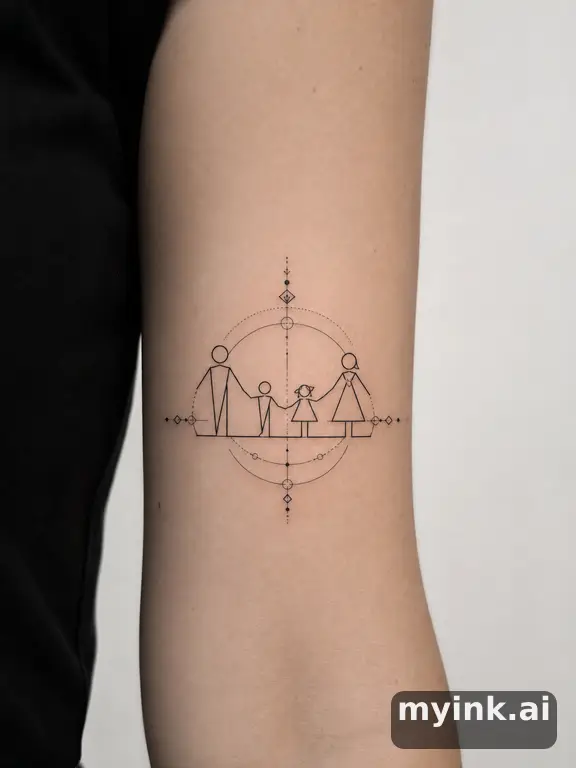 Minimalist family stick figures holding hands in single continuous line — Geometric Tattoo Design reference image