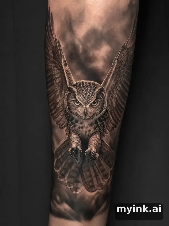Owl with spread wings — Realistic Tattoo Design reference image