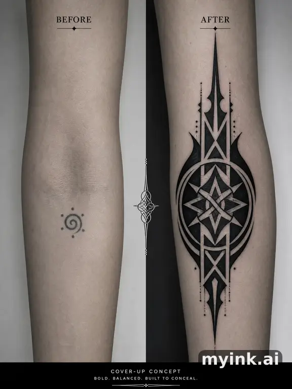Before-and-after cover-up direction that absorbs an old small symbol — Blackwork Tattoo Design reference image