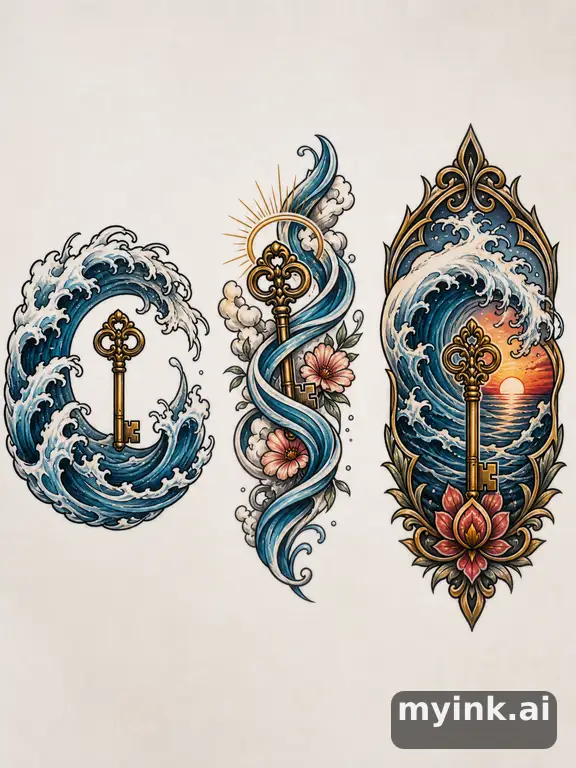 Three symbolic memorial tattoo routes based on ocean waves and a small key — Neotraditional Tattoo Design reference image