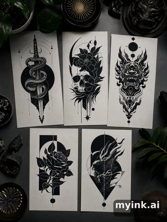 Cover-up tattoo planning board showing five blackwork directions — Blackwork Tattoo Design reference image