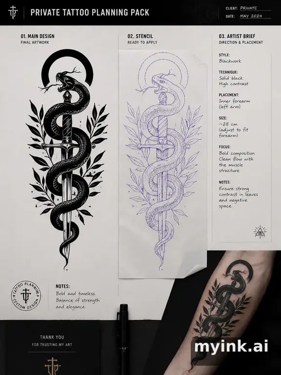 Private tattoo planning pack layout with main design — Blackwork Tattoo Design reference image