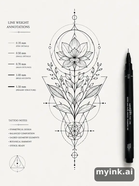 Clean stencil-ready botanical tattoo with line weight annotations — Geometric Tattoo Design reference image
