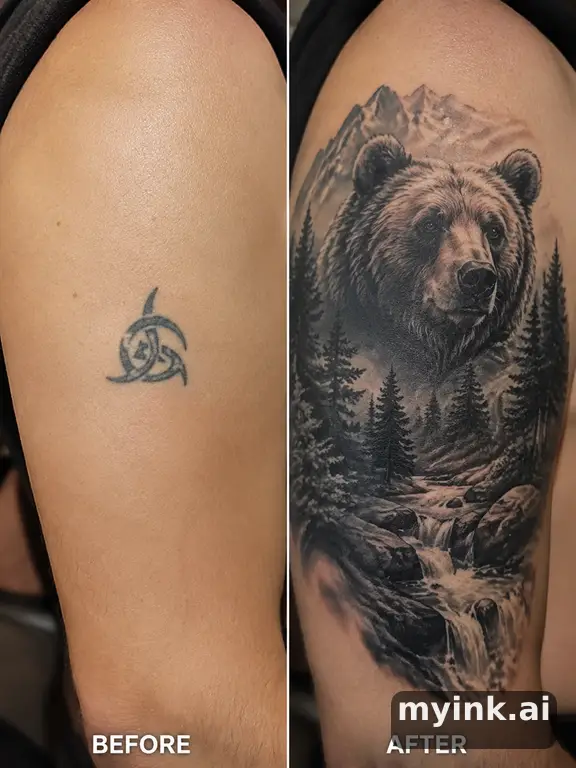 Before-and-after cover-up direction that absorbs an old small symbol — Realistic Tattoo Design reference image