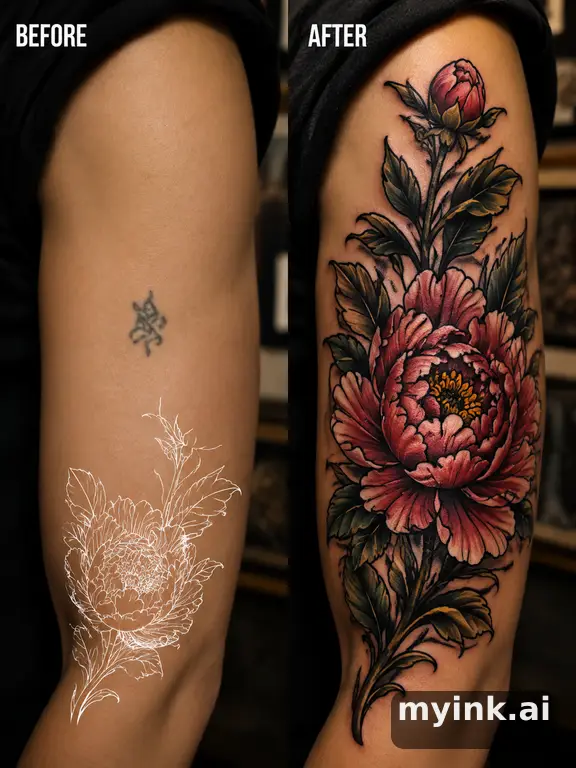 Before-and-after cover-up direction that absorbs an old small symbol — Neotraditional Tattoo Design reference image