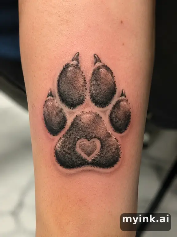 Pet paw print with a small heart inside — Realistic Tattoo Design reference image