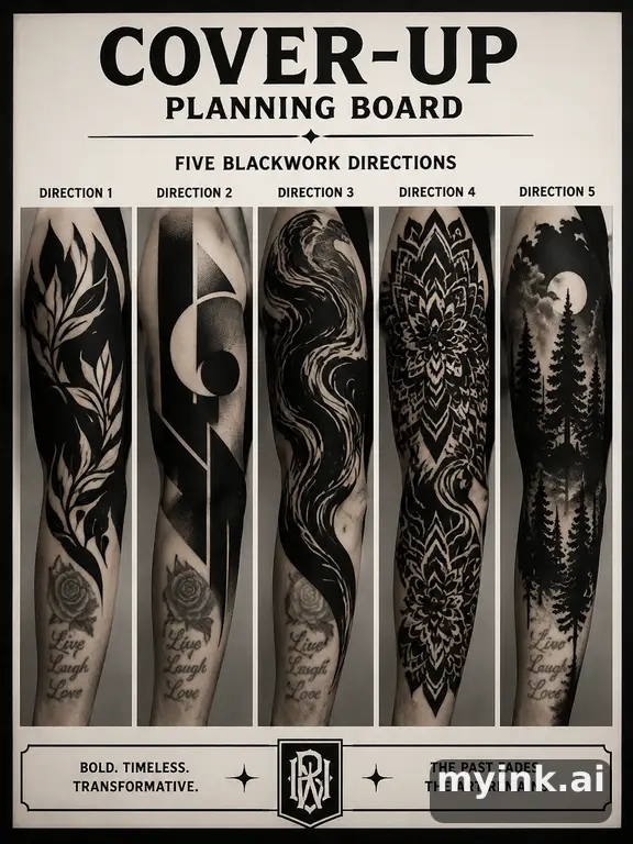 Cover-up tattoo planning board showing five blackwork directions — Blackwork Tattoo Design reference image