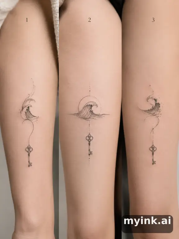 Three symbolic memorial tattoo routes based on ocean waves and a small key — Minimalist Tattoo Design reference image