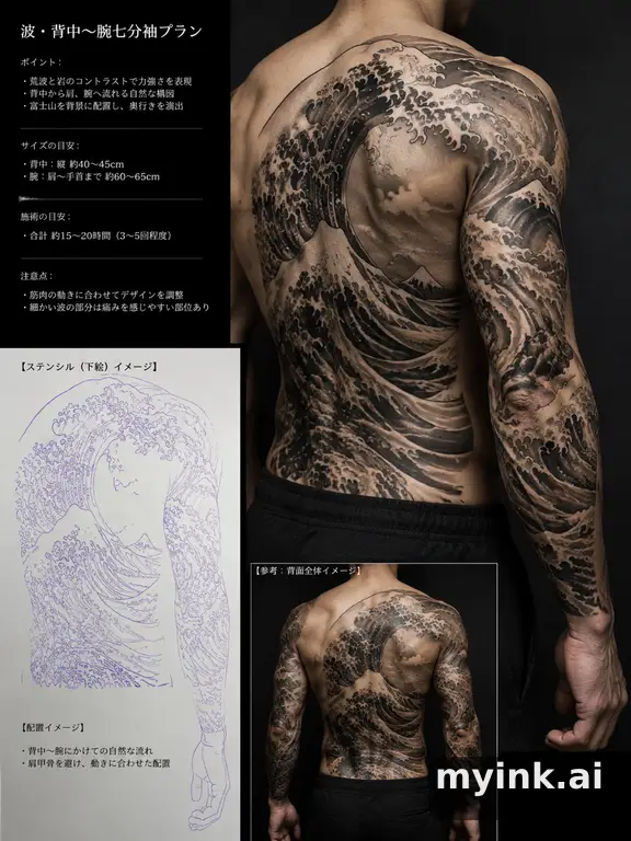 Consultation-ready Japanese wave tattoo plan with stencil and placement notes — Realistic Tattoo Design reference image