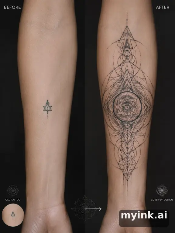 Before-and-after cover-up direction that absorbs an old small symbol — Geometric Tattoo Design reference image