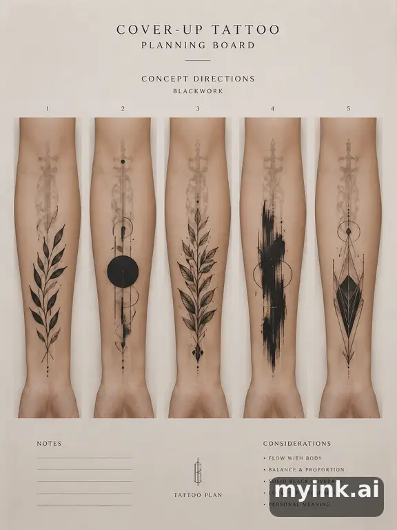 Cover-up tattoo planning board showing five blackwork directions — Minimalist Tattoo Design reference image