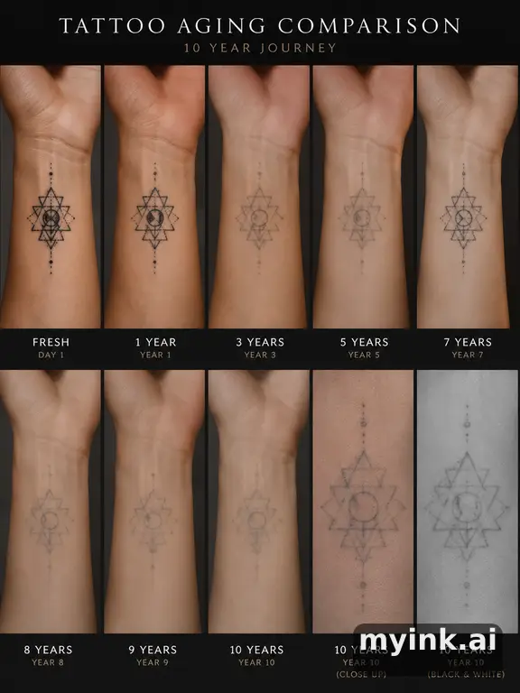 Tattoo aging comparison for a minimalist wrist design over ten years — Geometric Tattoo Design reference image