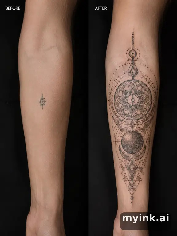 Before-and-after cover-up direction that absorbs an old small symbol — Geometric Tattoo Design reference image