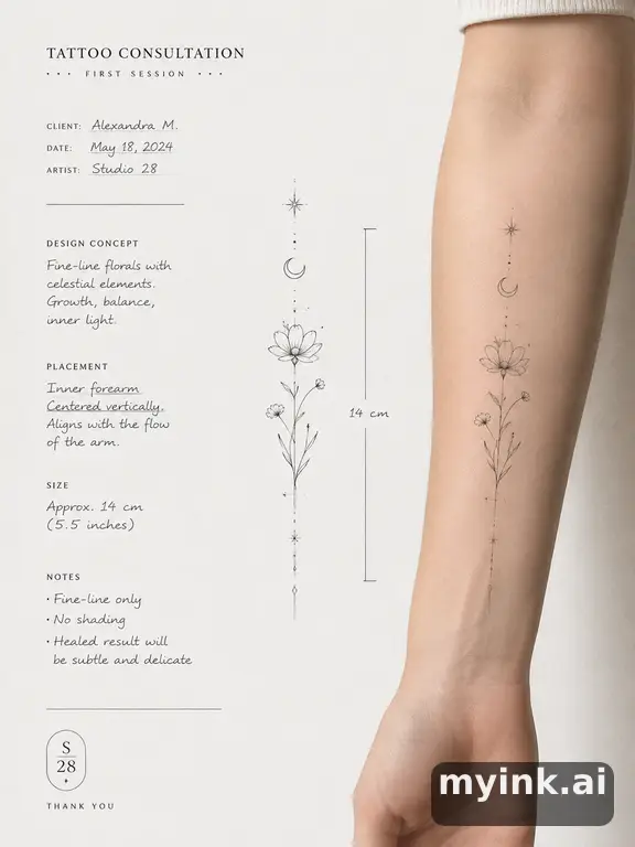 First tattoo consultation sheet with a fine-line forearm design and placement notes — Minimalist Tattoo Design reference image
