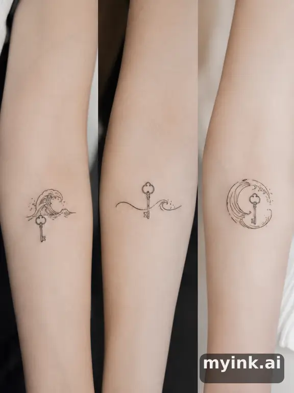 Three symbolic memorial tattoo routes based on ocean waves and a small key — Minimalist Tattoo Design reference image