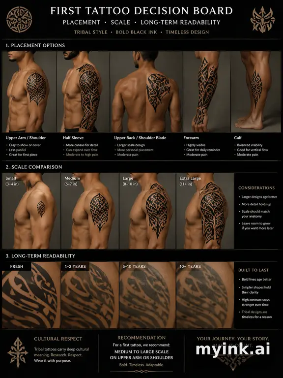 First tattoo decision board comparing placement — Tribal Tattoo Design reference image