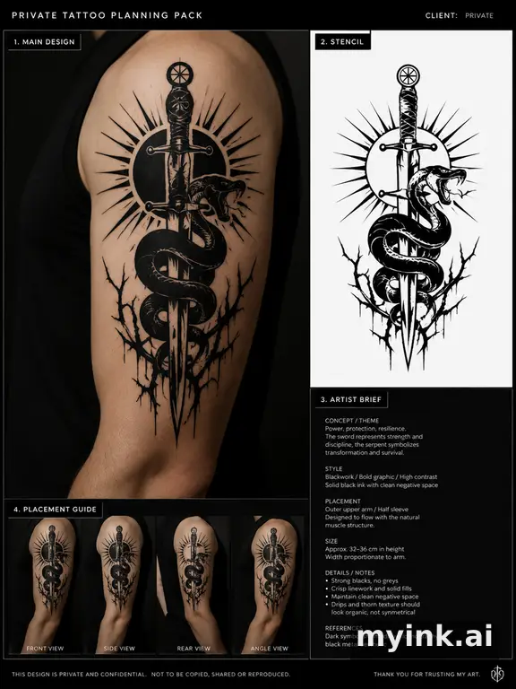 Private tattoo planning pack layout with main design — Blackwork Tattoo Design reference image