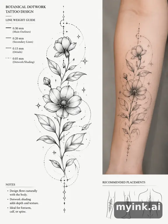 Clean stencil-ready botanical tattoo with line weight annotations — Dotwork Tattoo Design reference image