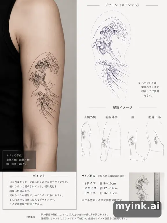 Consultation-ready Japanese wave tattoo plan with stencil and placement notes — Minimalist Tattoo Design reference image