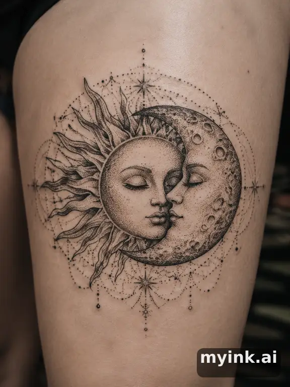 Sun and moon together — Dotwork Tattoo Design reference image