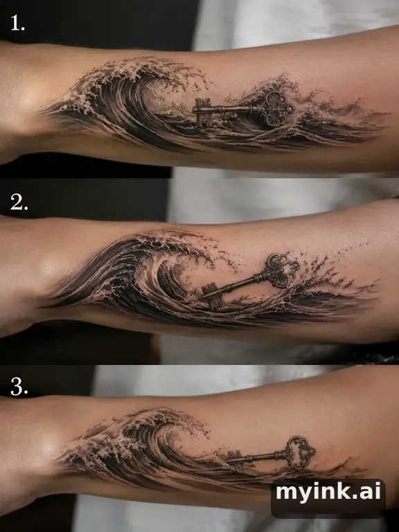 Three symbolic memorial tattoo routes based on ocean waves and a small key — Realistic Tattoo Design reference image