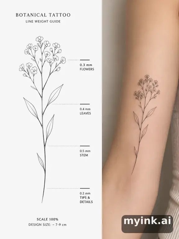 Clean stencil-ready botanical tattoo with line weight annotations — Minimalist Tattoo Design reference image