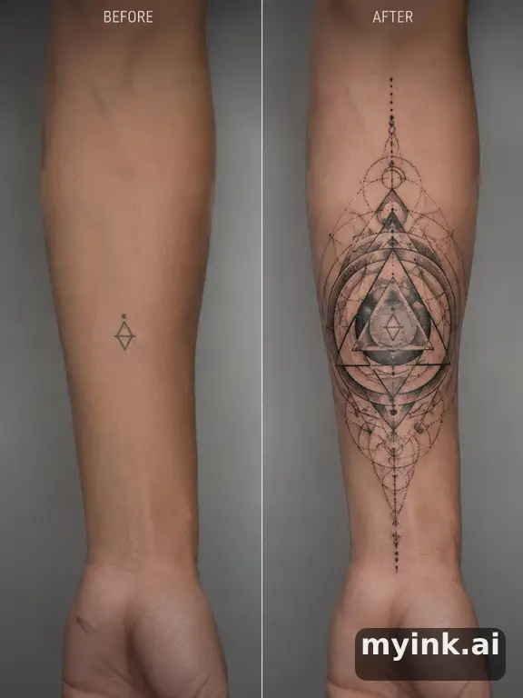 Before-and-after cover-up direction that absorbs an old small symbol — Geometric Tattoo Design reference image