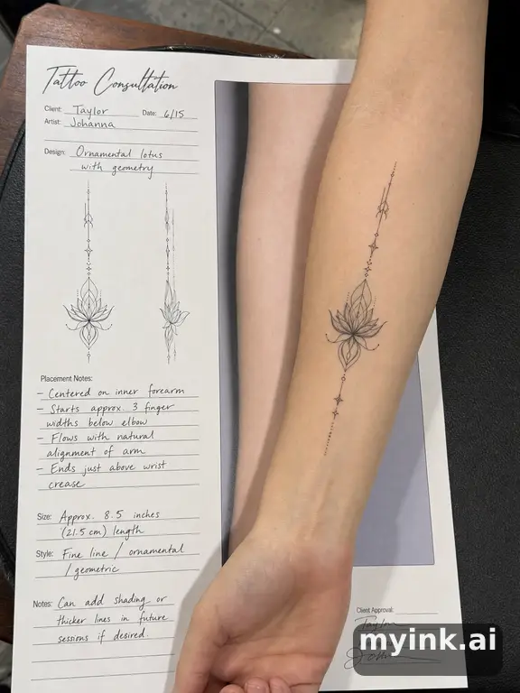 First tattoo consultation sheet with a fine-line forearm design and placement notes — Realistic Tattoo Design reference image