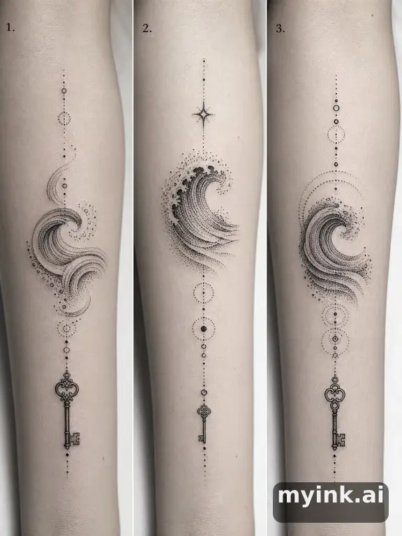 Three symbolic memorial tattoo routes based on ocean waves and a small key — Dotwork Tattoo Design reference image