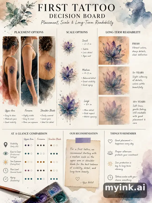 First tattoo decision board comparing placement — Watercolor Tattoo Design reference image