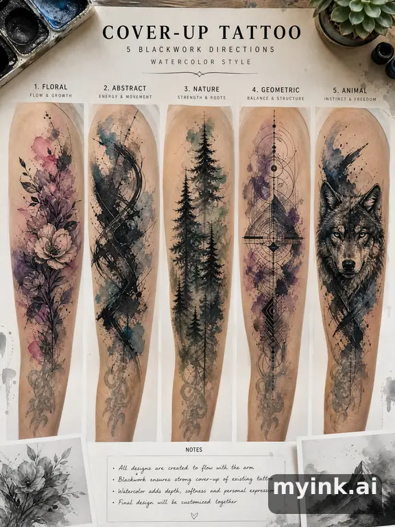Cover-up tattoo planning board showing five blackwork directions — Watercolor Tattoo Design reference image