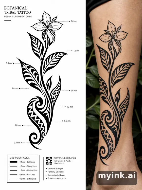 Clean stencil-ready botanical tattoo with line weight annotations — Tribal Tattoo Design reference image