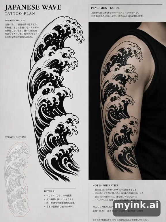 Consultation-ready Japanese wave tattoo plan with stencil and placement notes — Blackwork Tattoo Design reference image