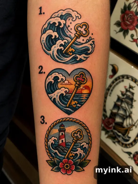 Three symbolic memorial tattoo routes based on ocean waves and a small key — Traditional Tattoo Design reference image