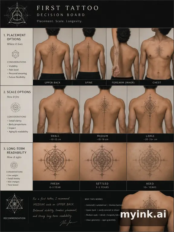 First tattoo decision board comparing placement — Geometric Tattoo Design reference image