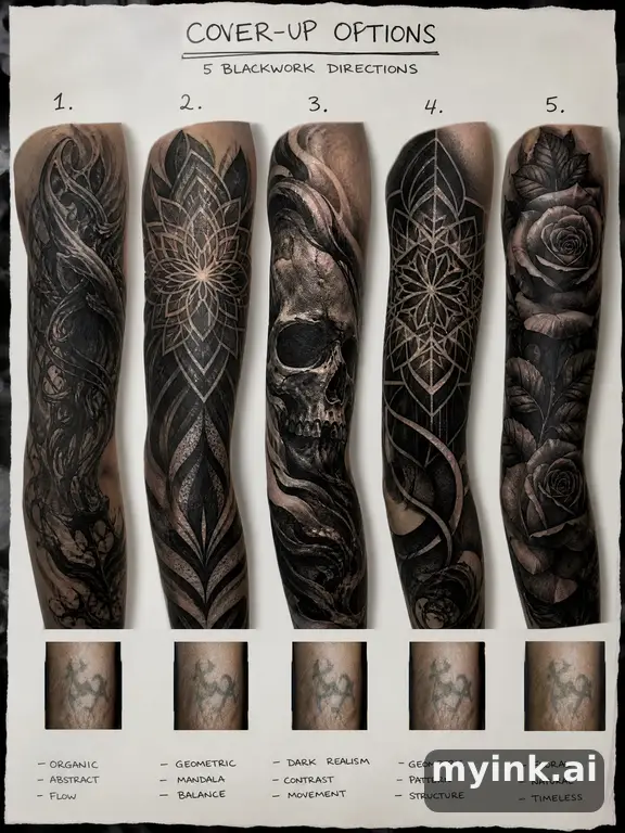 Cover-up tattoo planning board showing five blackwork directions — Realistic Tattoo Design reference image
