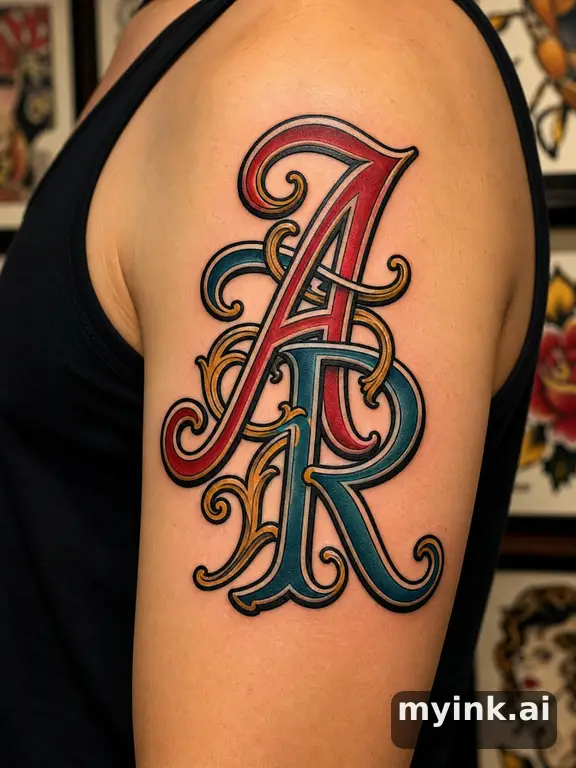 Elegant intertwined initials in fine-line calligraphy script — Traditional Tattoo Design reference image