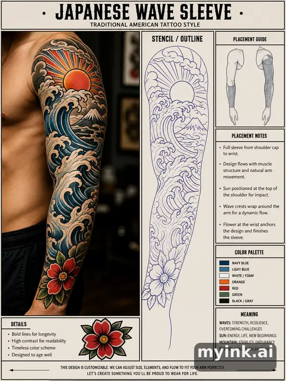 Consultation-ready Japanese wave tattoo plan with stencil and placement notes — Traditional Tattoo Design reference image