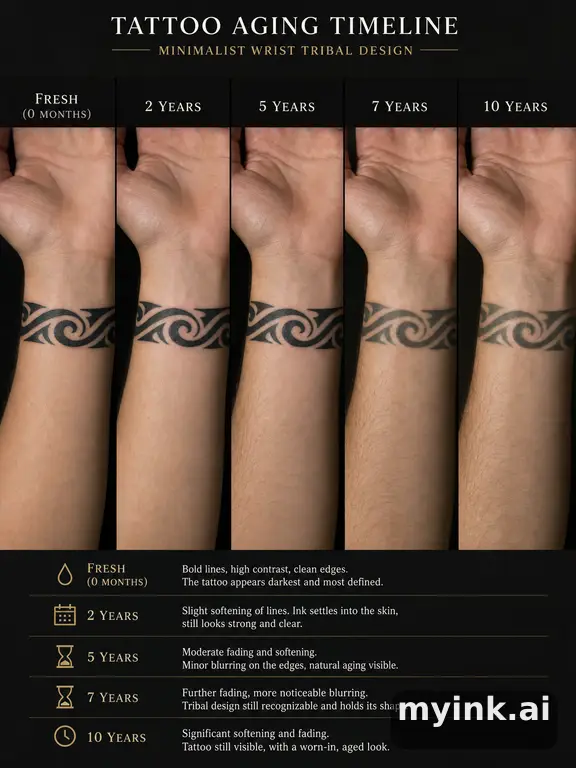 Tattoo aging comparison for a minimalist wrist design over ten years — Tribal Tattoo Design reference image