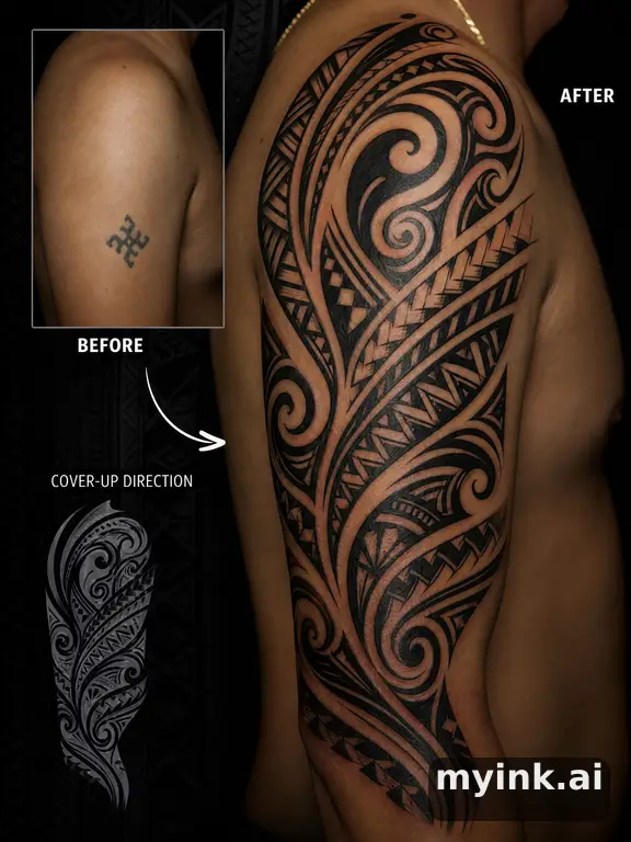 Before-and-after cover-up direction that absorbs an old small symbol — Tribal Tattoo Design reference image