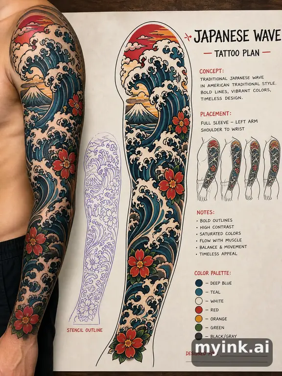 Consultation-ready Japanese wave tattoo plan with stencil and placement notes — Traditional Tattoo Design reference image